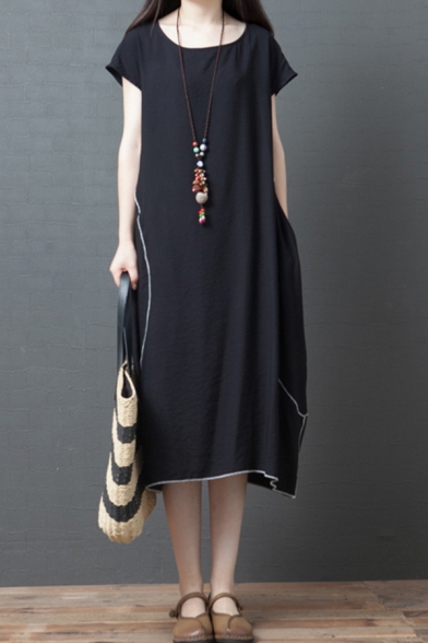 Leiusre Simple Ladies Black Short Sleeve Round Neck Contrast Piped Cotton and Linen Maxi Oversize Dress