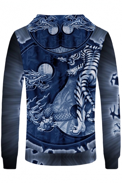 Popular Mens Long Sleeve Drawstring Tiger 3D Pattern Loose Hoodie in Blue