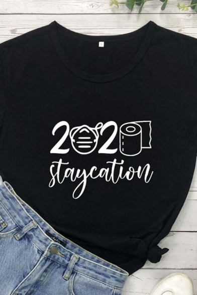 Simple Girls Rolled Short Sleeve Crew Neck Letter 2020 Staycation Printed Relaxed Fit T-Shirt