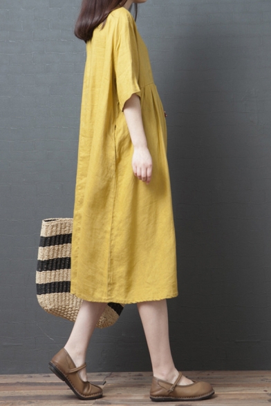 Simple Vintage Yellow Short Sleeve Crew Neck Button Up Linen Ruched Maxi Swing Dress for Women