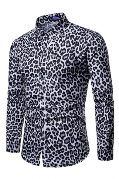 Stylish Mens Long Sleeve Lapel Collar Button Down Leopard Patterned Loose Shirt