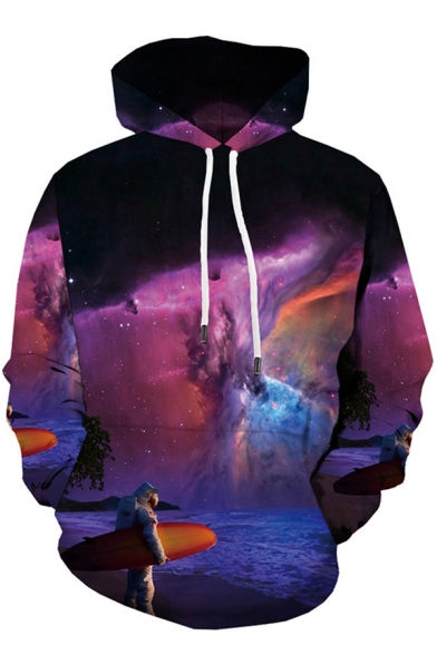 Unique Pretty Long Sleeve Drawstring Starry Sky 3D Patterned Pouch Pocket Loose Hoodie in Purple