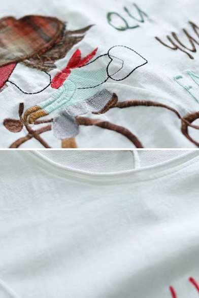 Vintage Chic Roll Up Sleeve Round Neck Distressed Cartoon Letter Embroidery Patched Asymmetric Hem Relaxed T Shirt for Women