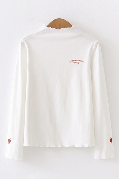 White Chic Long Sleeve Mock Neck Letter STRAWBERRY JUICE Graphic Stringy Selvedge Relaxed Tee