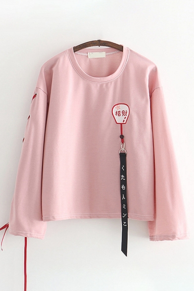 Womens Vintage Long Sleeve Round Neck Japanese Letter Strap Lace Up Relaxed Fit T-Shirt