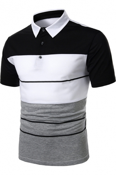 Casual Mens Short Sleeve Lapel Neck Button Up Color Block Striped Regular Fit Polo Shirt