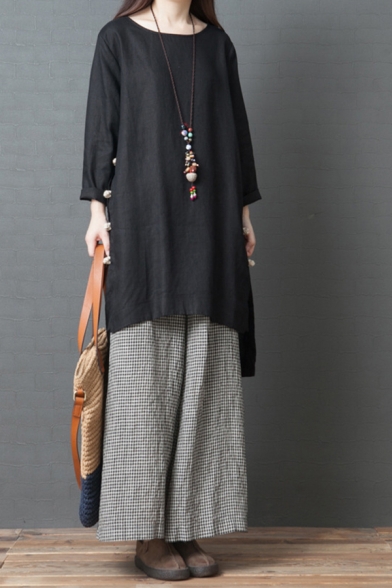 Casual Vintage Plain Long Sleeve Round Neck Cotton and Linen High Low Slit Sides Tunic Oversize Blouse