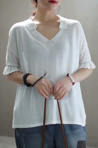 Casual Womens Short Sleeve Lapel Neck Ruffled Trim Knitted Linen Slit Side Relaxed Plain T Shirt