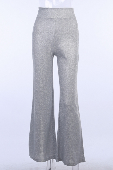 Chic Womens Elastic Waist Glitter Solid Color Long Length Wide-Leg Pants