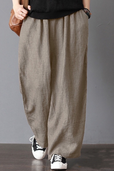 Cool Casual Womens Mid Rise Solid Color Cotton and Linen Long Oversize Trousers