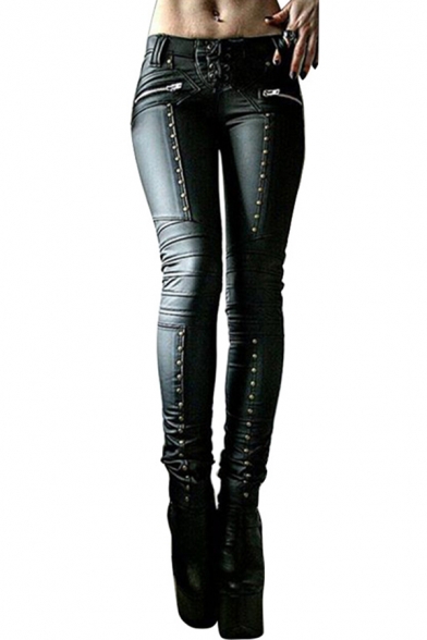 Cool Girls Chic Mid Rise Rivet Embellished Pleated Leather Long Length Plain Skinny Pants