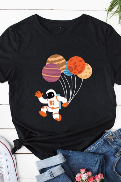 Cool Girls Spoof Roll Up Sleeve Round Neck Astronaut Planet Relaxed Fit Tee