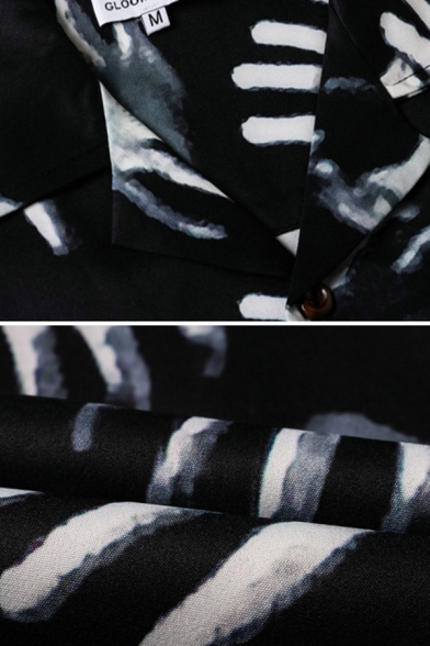 Creepy Fashion Short Sleeve Button Down Lapel Collar Allover Hand Print Slim Fit Shirt in Black