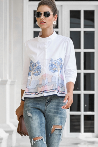 Ethnic Ladies Long Sleeve Stand Collar Flower Embroidered Contrast Piped Loose Fit Shirt in White