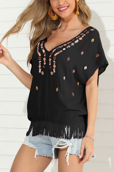 

Ethnic Leisure Womens Short Sleeve V-Neck Floral Pattern Fringe Trim Relaxed Fit Blouse Top, Black;pink;white, LM609415