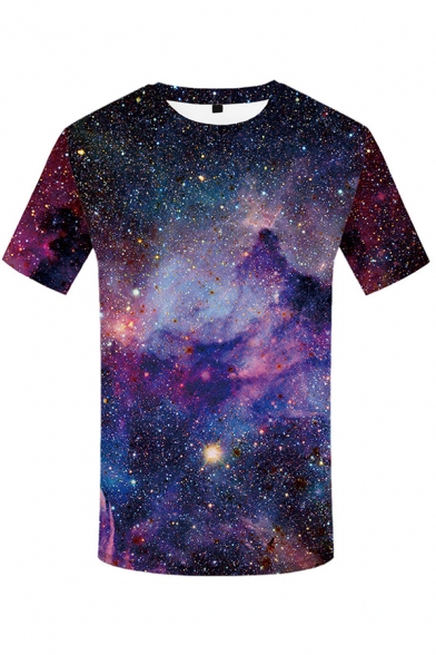 Fancy Boys Short Sleeve Round Neck Starry Sky Pattern Relaxed Fit T-Shirt in Purple