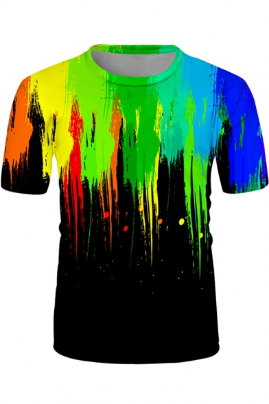 Fancy Girls Short Sleeve Crew Neck Colorful Splash-Ink Fitted T-Shirt in Black