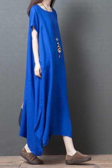 Fashion Vintage Ladies Short Sleeve Round Neck Cotton and Linen Color Block Slit Side Maxi Oversize Dress in Blue