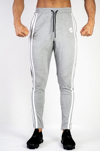Fashionable Gym Guys Drawstring Waist Letter Print Striped Cuffed Fitted Ankle Sweatpants