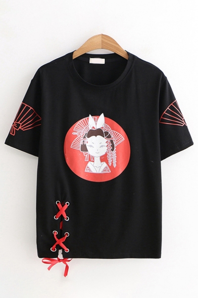 Japanese Style Cool Girls Short Sleeve Round Neck Cartoon Ladies Fan Pattern Lace Up Relaxed Tee