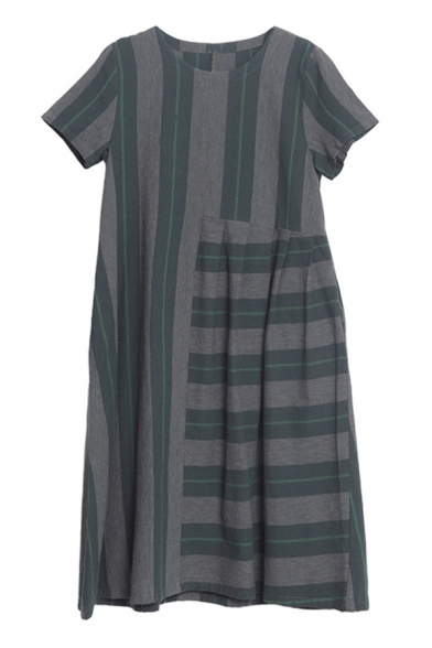 Leisure Womens Short Sleeve Round Neck Stripe Patterned Cotton and Linen Pleated Panel Maxi Oversize Dress in Green