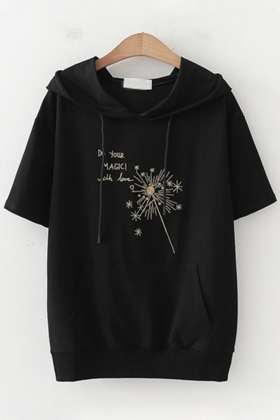 Lovely Girls Short Sleeve Hooded Drawstring Floral Letter Printed Pouch Pocket Loose Fit Tee Top