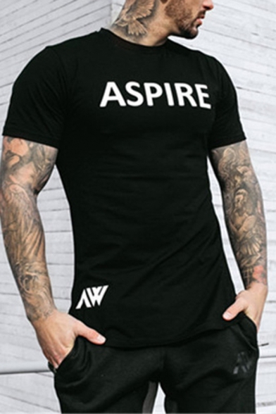Muscle Street Stylish Guys Short Sleeve Round Neck Letter ASPIRE Print Colorblock Slim Fitted T-Shirt