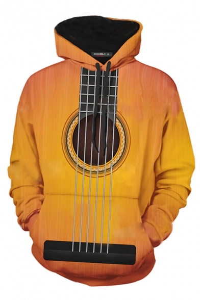 Popular Chic Guys Yellow Long Sleeve Drawstring 3D Guitar Pattern Pouch Pocket Loose Hoodie