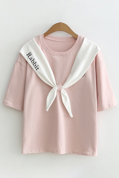 Preppy Girls Short Sleeve Bow Tied Front Letter RABBIT Printed Relaxed Fit T Shirt