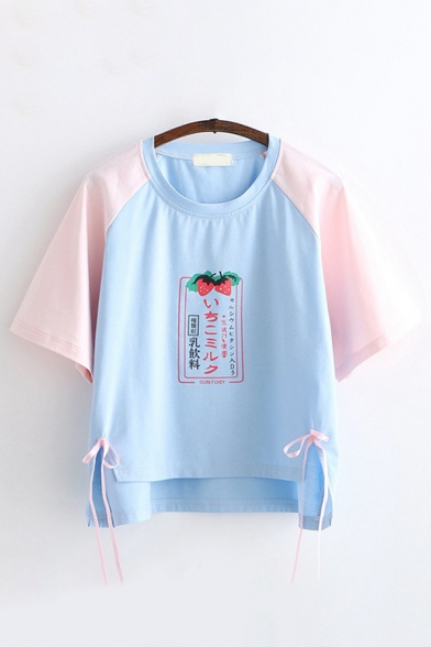 Preppy Girls Short Sleeve Round Neck Japanese Letter Strawberry Graphic Color Block Lace Up High Low Hem Relaxed T Shirt