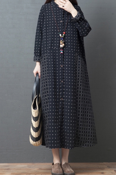 Pretty Casual Ladies Long Sleeve Crew Neck Button Down Checkered Printed Patched Cotton and Linen Maxi Oversize Dress in Black