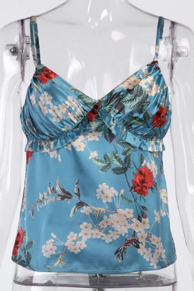 Pretty Ladies Blue Sleeveless All Over Flower Printed Stringy Selvedge Ruched Relaxed Cami Top