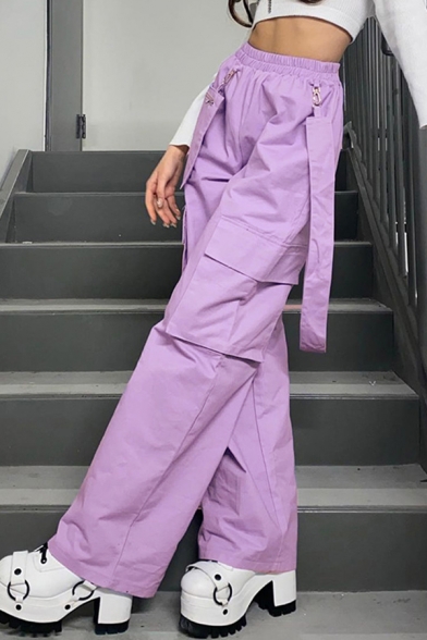 Pretty Womens Elastic Waist Straps Flap Pockets Long Length Wide-Leg Trousers in Purple