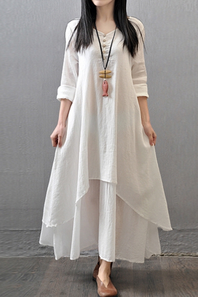 Retro Fashion Womens Long Sleeve V-Neck Button Up Bi-Layered Linen Solid Color Maxi Swing Dress