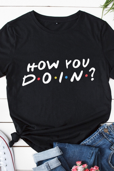 Simple Cute Girls Roll Up Sleeve Crew Neck Letter HOW YOU DOIN Print Slim Fitted T Shirt