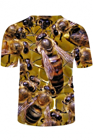 Unique Boys Short Sleeve Crew Neck Allover Bees 3D Printed Relaxed Fit Tee in Brown