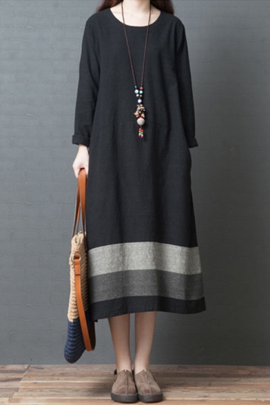 Vintage Simple Womens Long Sleeve Round Neck Stripe Patterned Cotton and Linen Maxi Oversize T-Shirt Dress