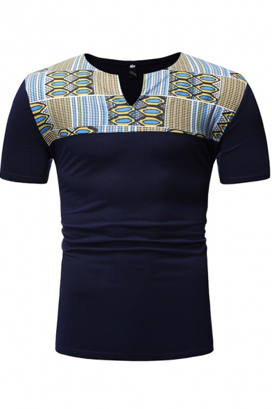 Africa Guys Fashion Short Sleeve V-Neck Geo Printed Panel Regular Fit T-Shirt