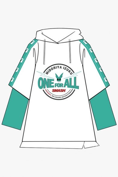 Anime Cosplay Costume Long Sleeve Drawstring Letter ONE FOR ALL Graphic Color Block Patchwork Slit Side Oversize Hoodie