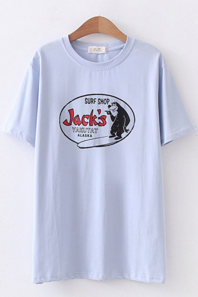 Basic Fashion Womens Short Sleeve Round Neck Letter JACK'S Cartoon Graphic Relaxed Fit T-Shirt