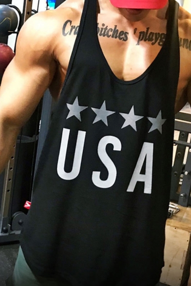 Basic Sport Mens Sleeveless Round Neck Letter USA Pentagram Graphic Relaxed Fit Tank Top