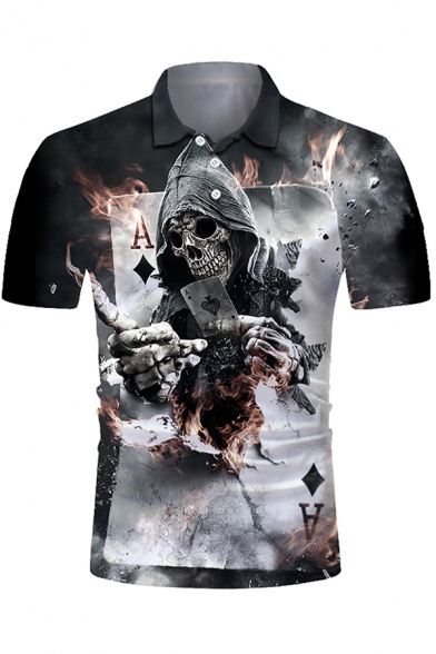 Black Cool Short Sleeve Lapel Collar Button Up Poker Skull 3D Pattern Slim Fit Polo Shirt for Boys