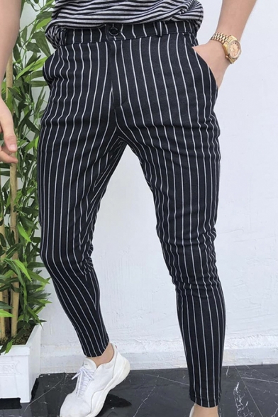 Casual Chic Mid Rise Stripe Printed Ankle Length Skinny Pants for Guys