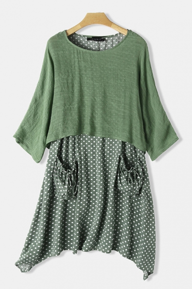 Casual Ladies Three-Quarter Sleeve Round Neck Polka Dot Printed Maxi Pleated Swing T-Shirt Dress