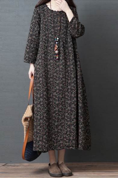 Casual Womens Long Sleeve Round Neck Ditsy Floral Printed Linen and Cotton Maxi Oversize Dress