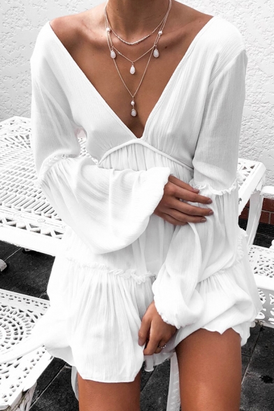 Chic Sexy Womens White Blouson Sleeve V-Neck Ruffled Trim Mini Pleated A-Line Dress