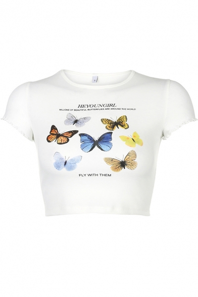 Chic Womens Short Sleeve Crew Neck HEYOUNGIRL Letter Butterfly Print Stringy Selvedge Fitted Crop Graphic T Shirt in White