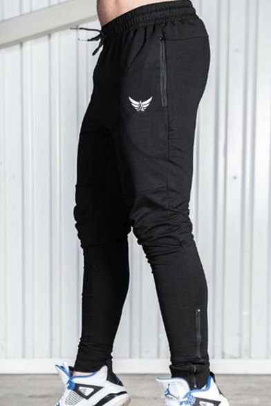 Cool Bodybuilding Drawstring Waist Logo Pattern Zipper Sides Cuffed Ankle Fitted Sweatpants