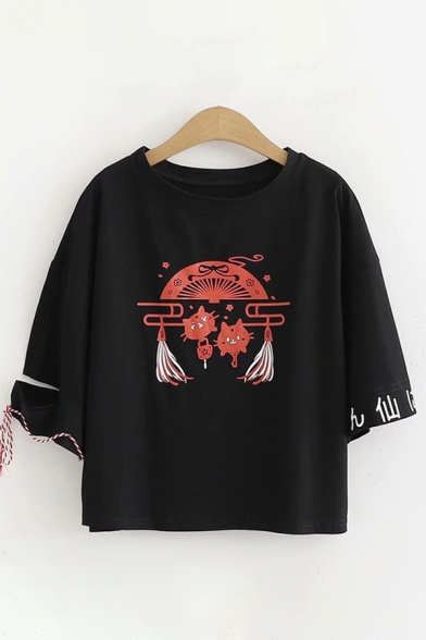 Cool Harajuku Bell Sleeve Round Neck Cat Print Japanese Letter Bow Tied Loose T-Shirt in Black