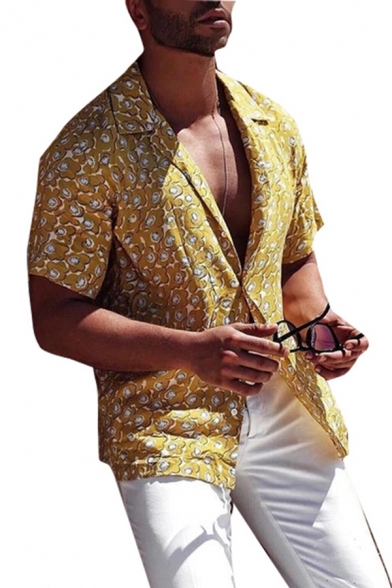 Fancy Yellow Short Sleeve Lapel Collar Button Down Ditsy Floral Pattern Relaxed Fit Shirt for Men